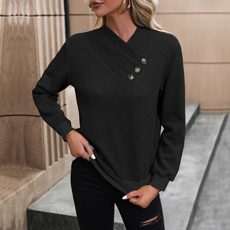 Street-wave Womens Elegant Pullover With Asymmetric Neckline And Button Details For Chic Comfort