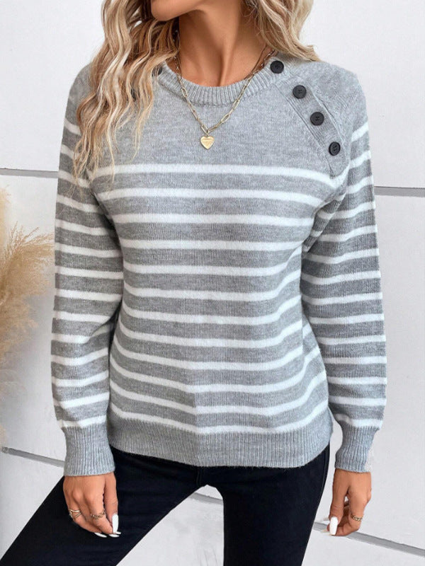 Street-Wave Women's Striped Pullover With Decorative Shoulder Buttons And Crew Neck