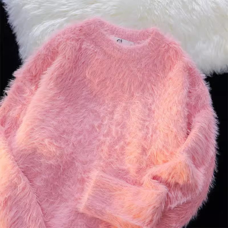 Street Wave Fluffy Pink Round Neck Pullover For Women Ultra Soft Warmth And Cozy Comfort