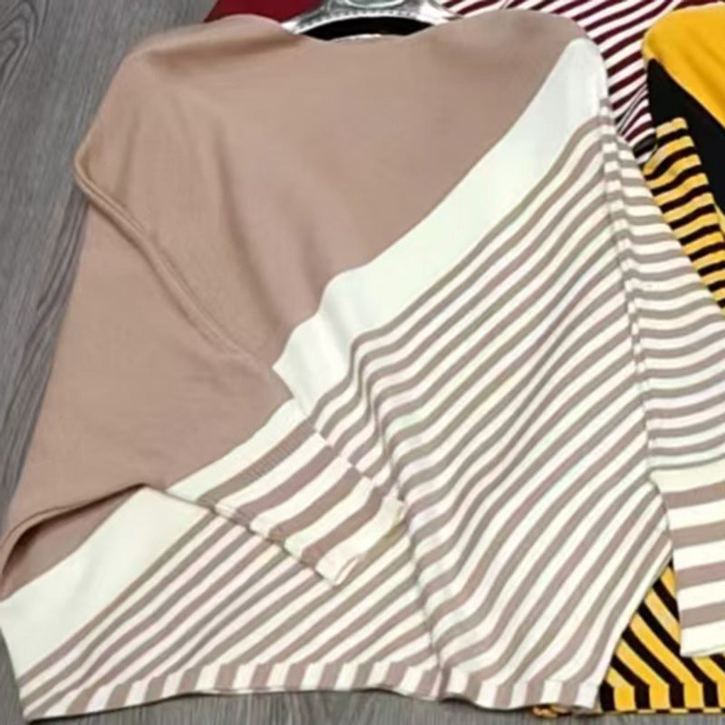 Street-wave Women's Asymmetric Knit Pullover With Graphic Stripe Pattern Chic Comfortable Fashion Sweater