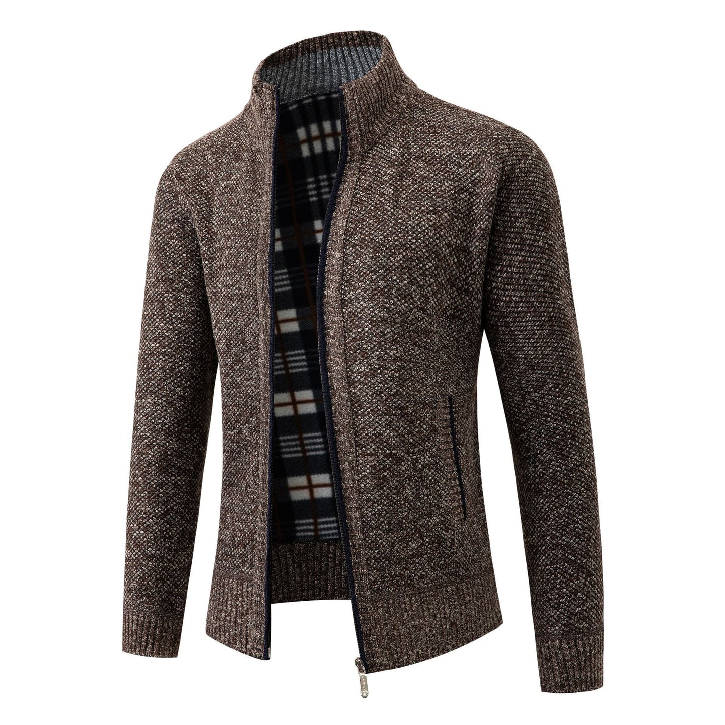 Street Wave Mens Knit Cardigan With Modern Stand Collar And Soft Inner Plaid Lining For Everyday Style