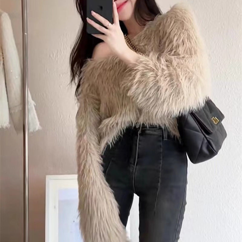 Fluffy Sweater For Women Street-wave, Cozy Loose-Fit Pullover With Soft Plush Sleeves