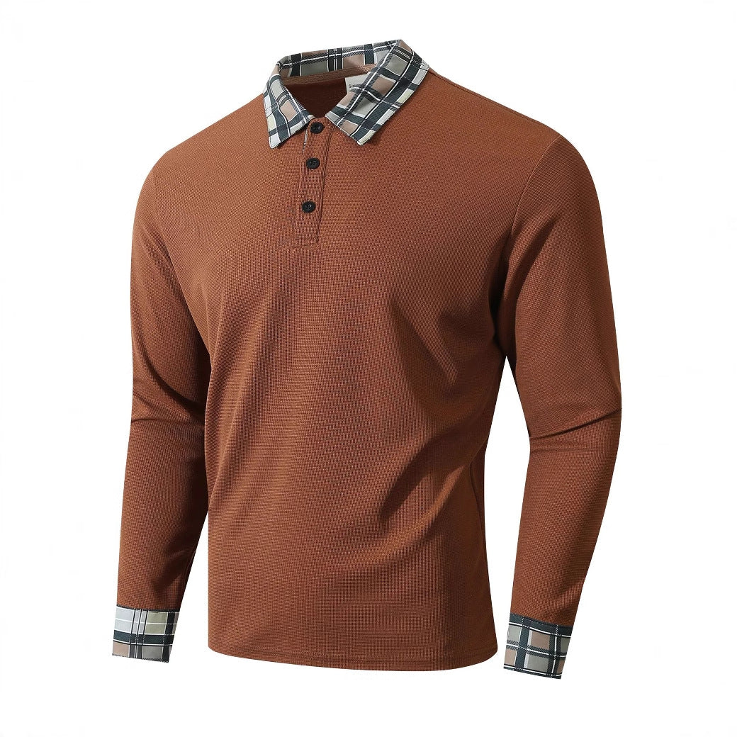 Street-Wave Mens Premium Long Sleeve Polo Shirt With Structured Collar And Fine Plaid