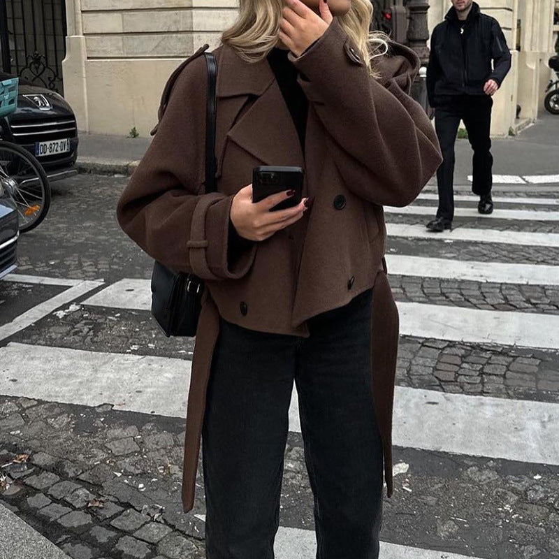 Street-wave Womens Cropped Coat With Wide Lapel And Oversized Fit For Modern Style