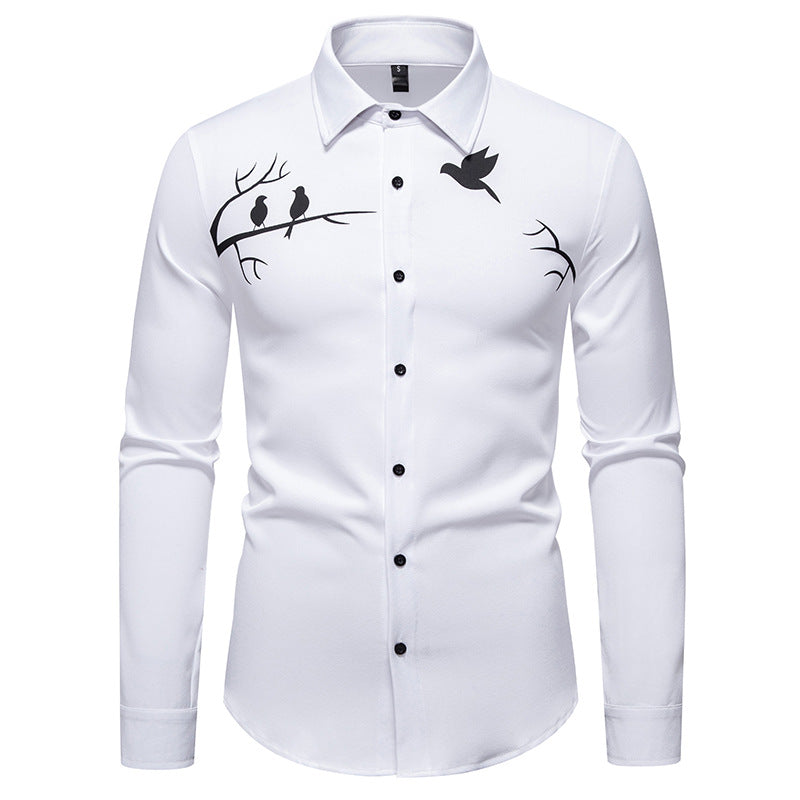 Street-Wave Men's Long Sleeve Shirt With Artful Bird Motif For Modern Professionals Breathable Comfort