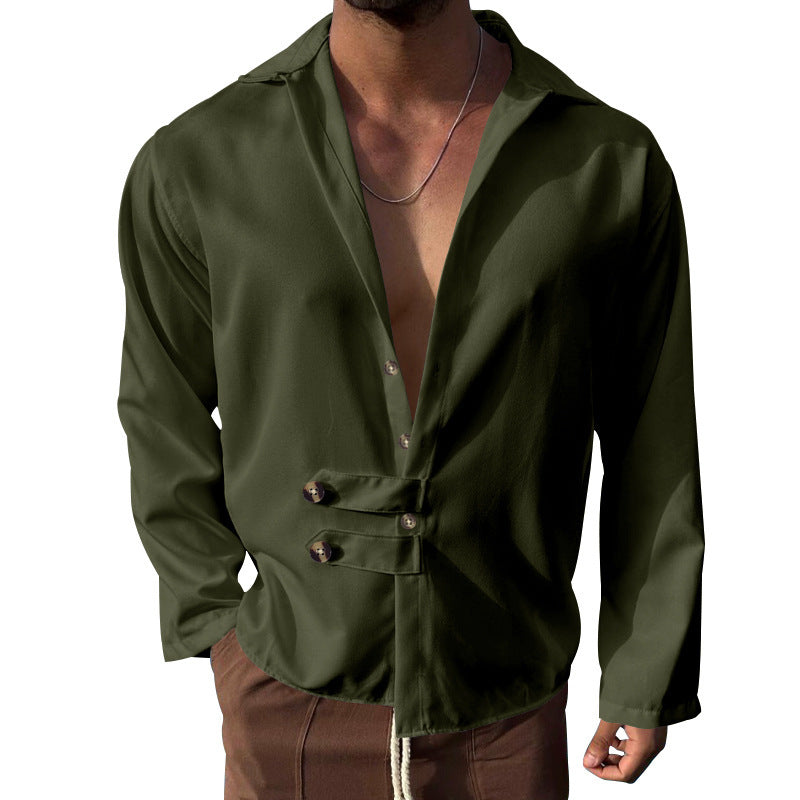Streetwave Mens Elegant Shirt With Innovative Button Design And Deep V Neck For Modern Men