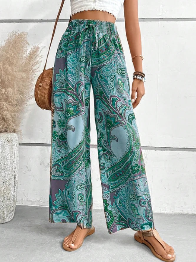 Street-Wave Women Wide-Leg Paisley Print Pants Elastic Waist for Summer Comfort and Everyday Style