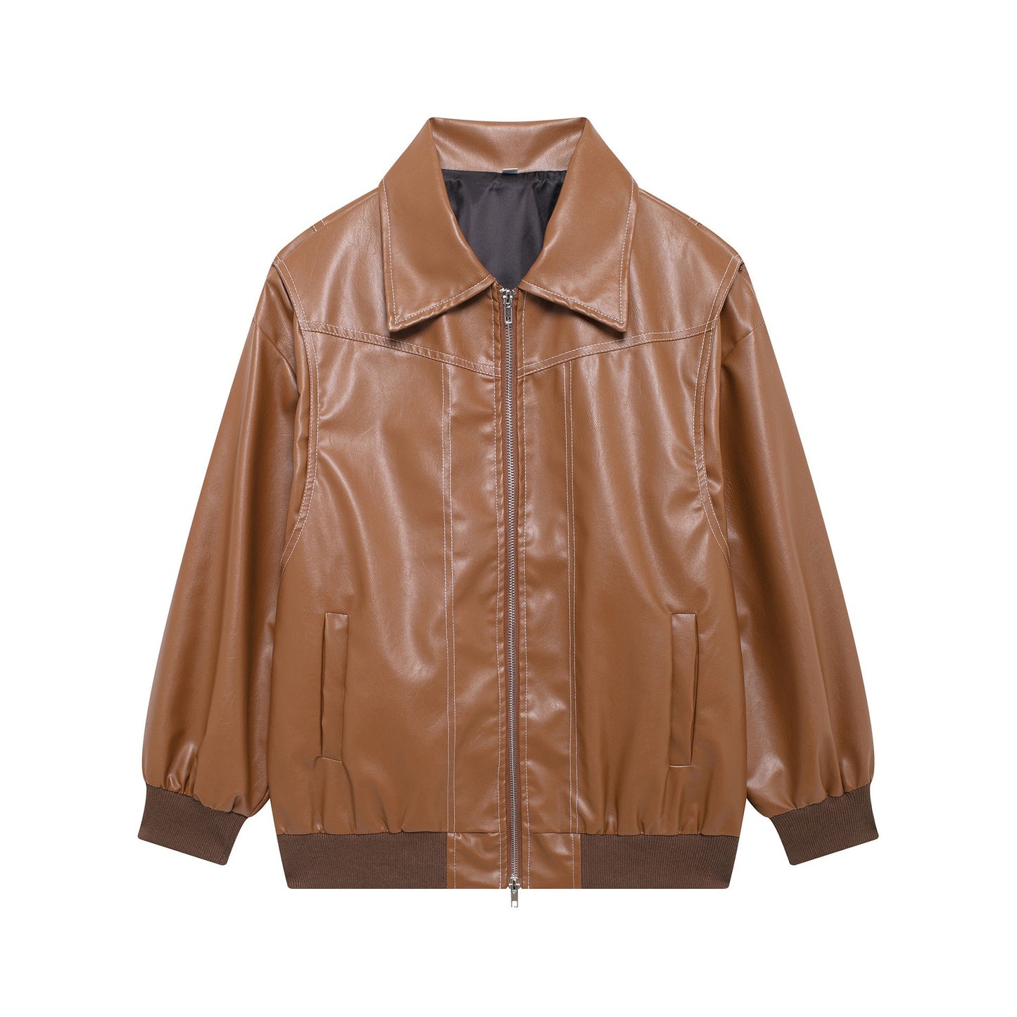 Women Faux Leather Jacket Street-Wave Casual Fit With Elastic Hem For Urban Style Lovers