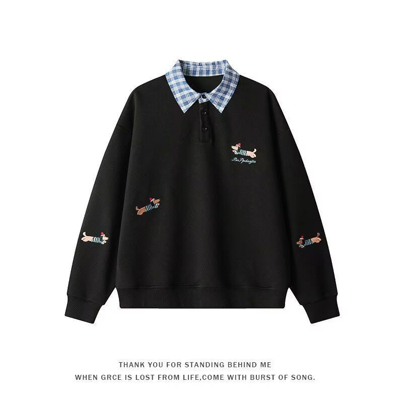 Street-Wave Women's Cozy Plaid Collar Knit Pullover With Animal Motifs - Comfortable Everyday Style