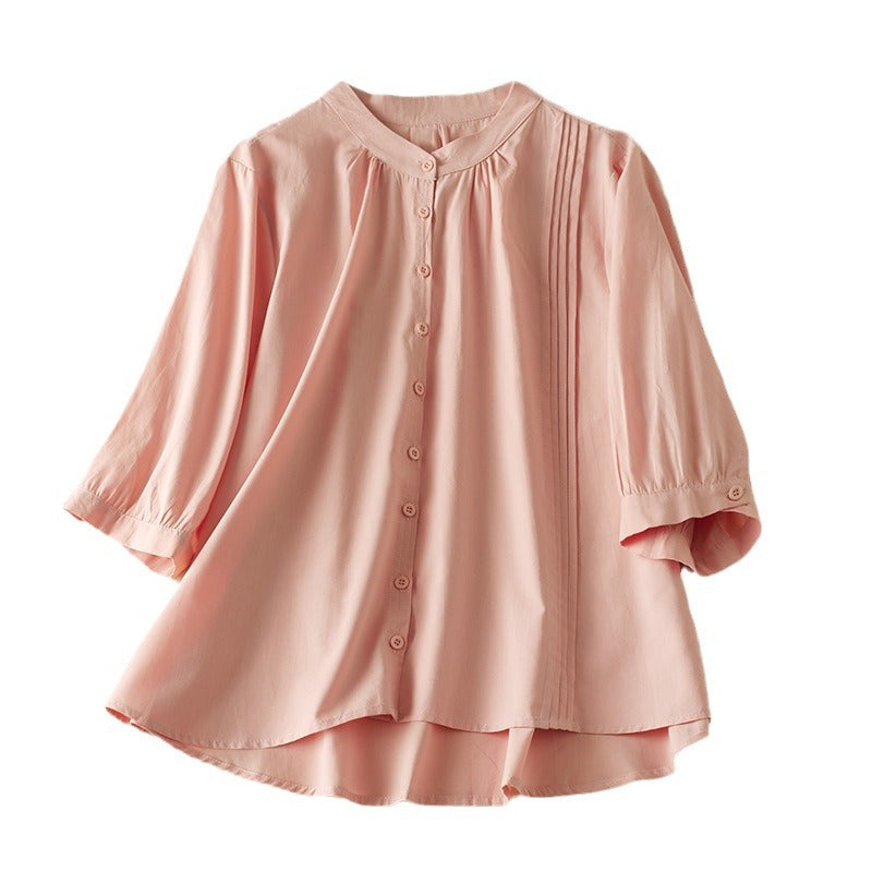 Women's Shirt – Relaxed Fit – Natural Fibres – Stand Collar – Pleated Detail