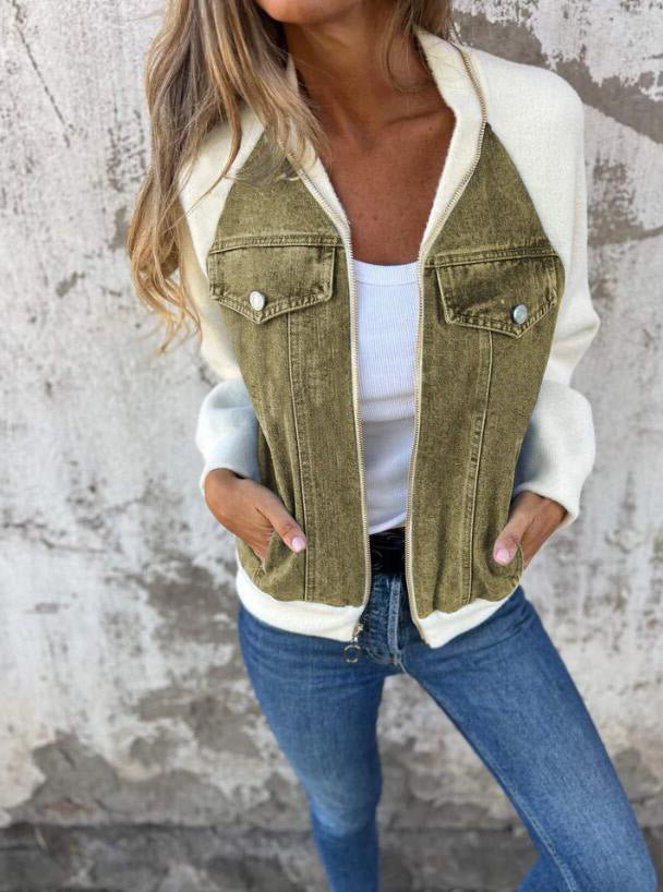 Streetwave Knitted Patchwork Hoodie Jacket For Women Warm Cozy Denim Knit Blend Everyday Style