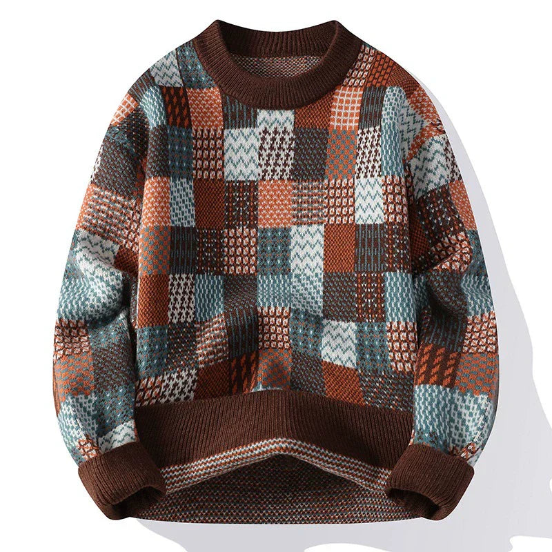 Men's Wool Knit Pullover Sweater With Checkerboard Patchwork, Relaxed Fit, Crew Neck