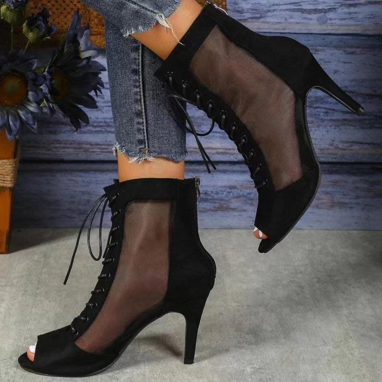 Women Half-Open High Heel Boots With Transparent Side Panel And Lace-Up Street-Wave For Evening Looks