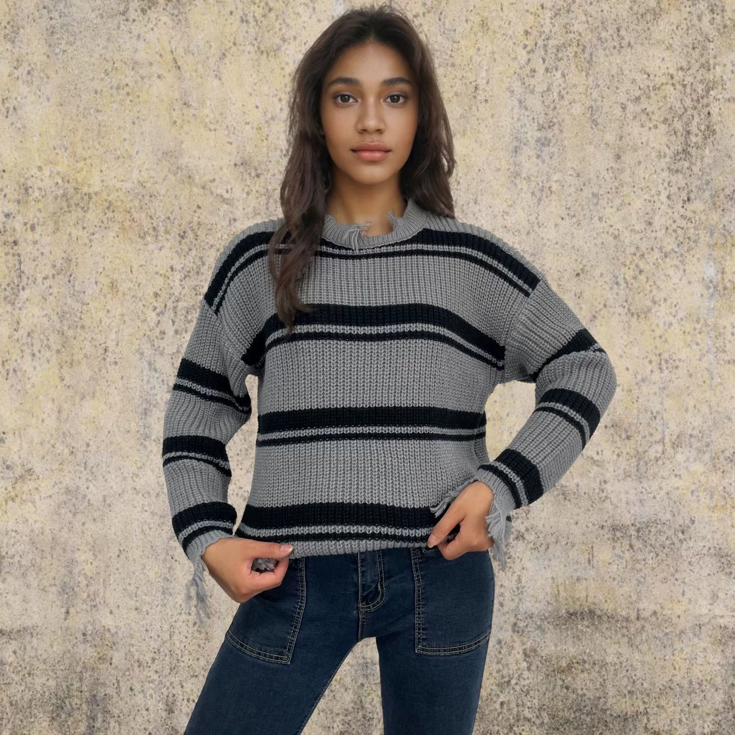 Street-wave Cozy Oversized Striped Knit Wool Sweater With Fringed Hem For Plus Size Women