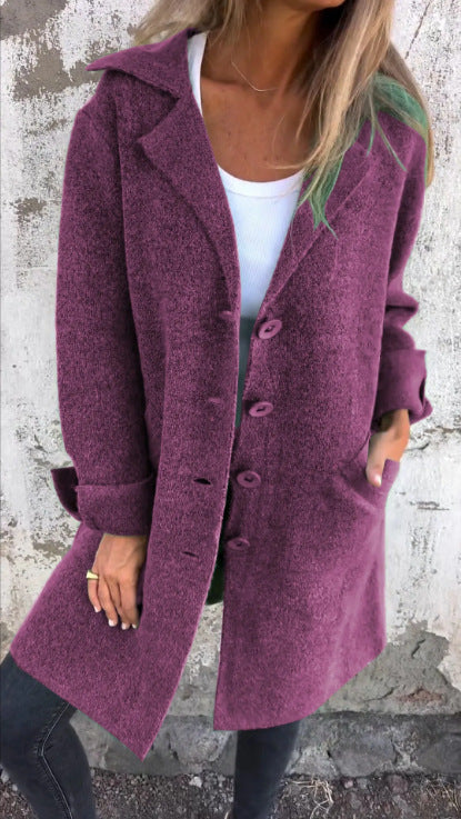 Street-Wave Mid-Length Wool-Look Coat For Women, Relaxed Fit, Revers Collar, Single-Button Closure