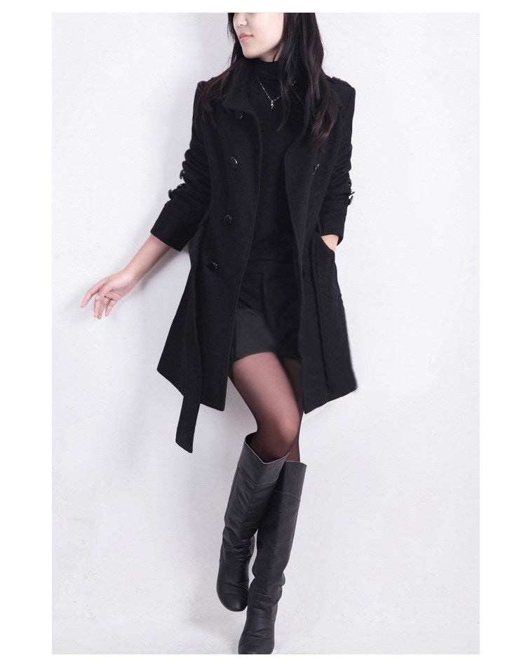 Street-Wave Womens Trench Coat Wool Blend Double-Breasted Belted Long Elegant Coat