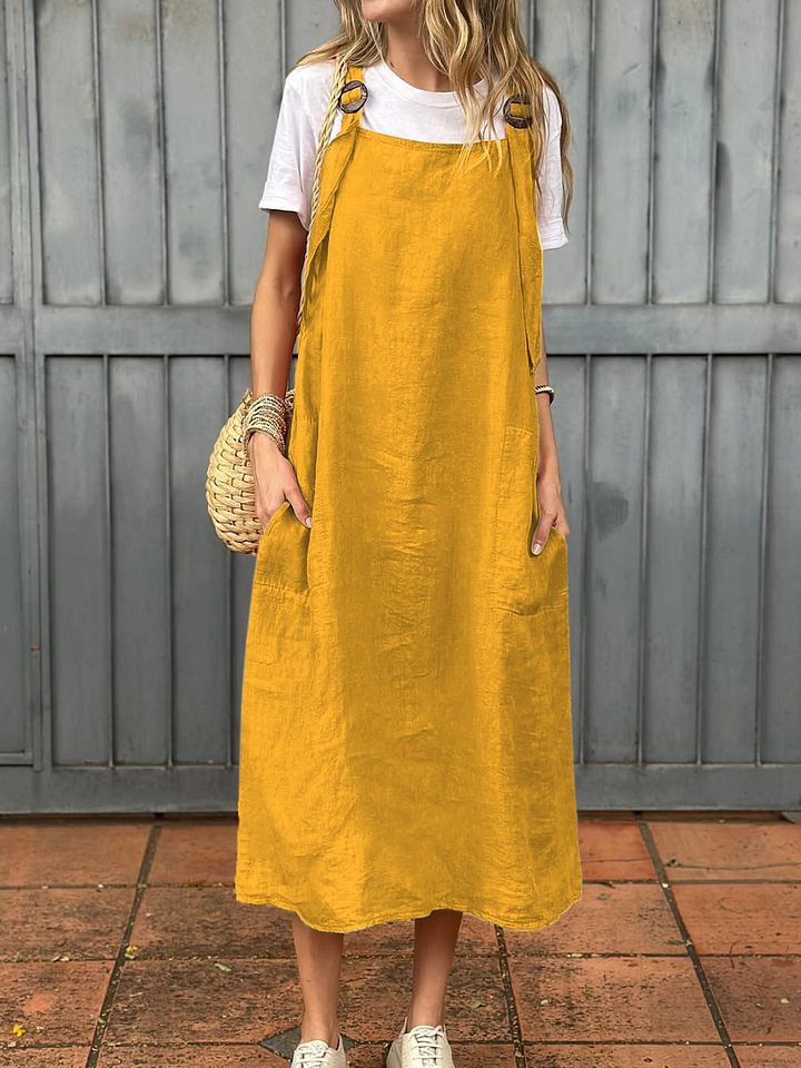 Streetwave Linen Strap Dress With Two Front Pockets For Women Breathable Casual Midi Summer