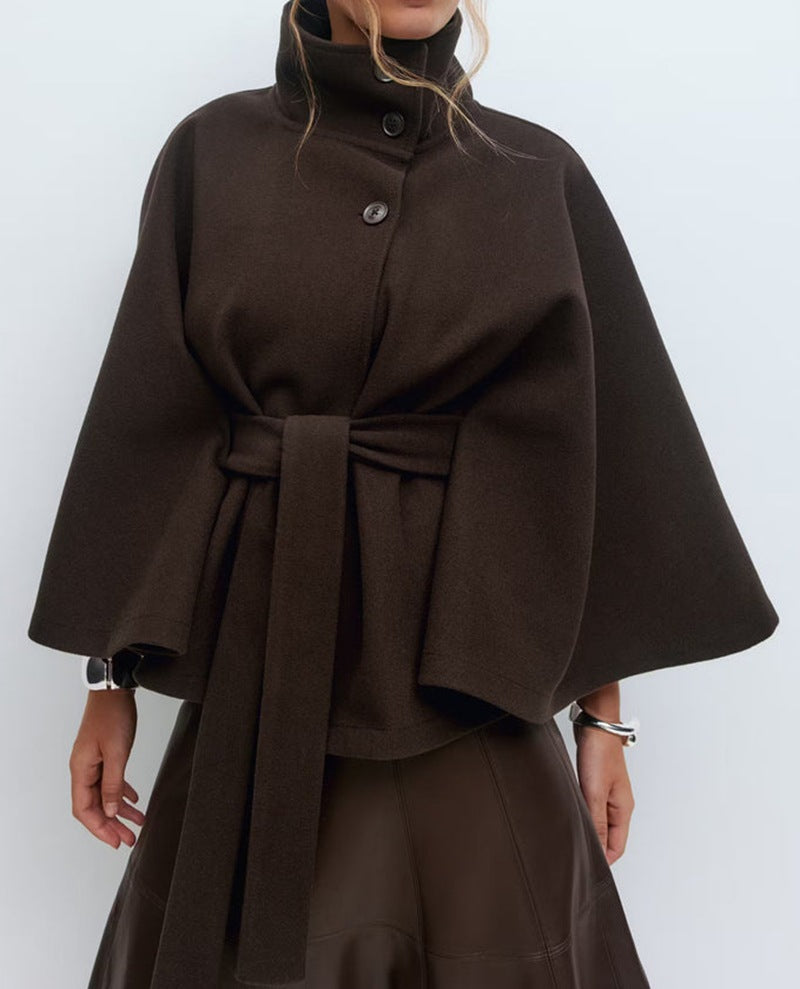 Street-wave Hooded Cape Coat For Women, Elegant Transitional Outerwear Belted For Chic Comfort