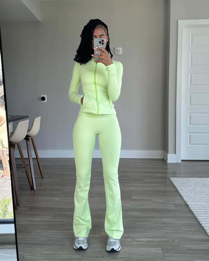 Womens Fitness Outfit Set Street Wave Neon Lime Long Sleeve Zip Top For All Day Comfort And Wide Leg Pants