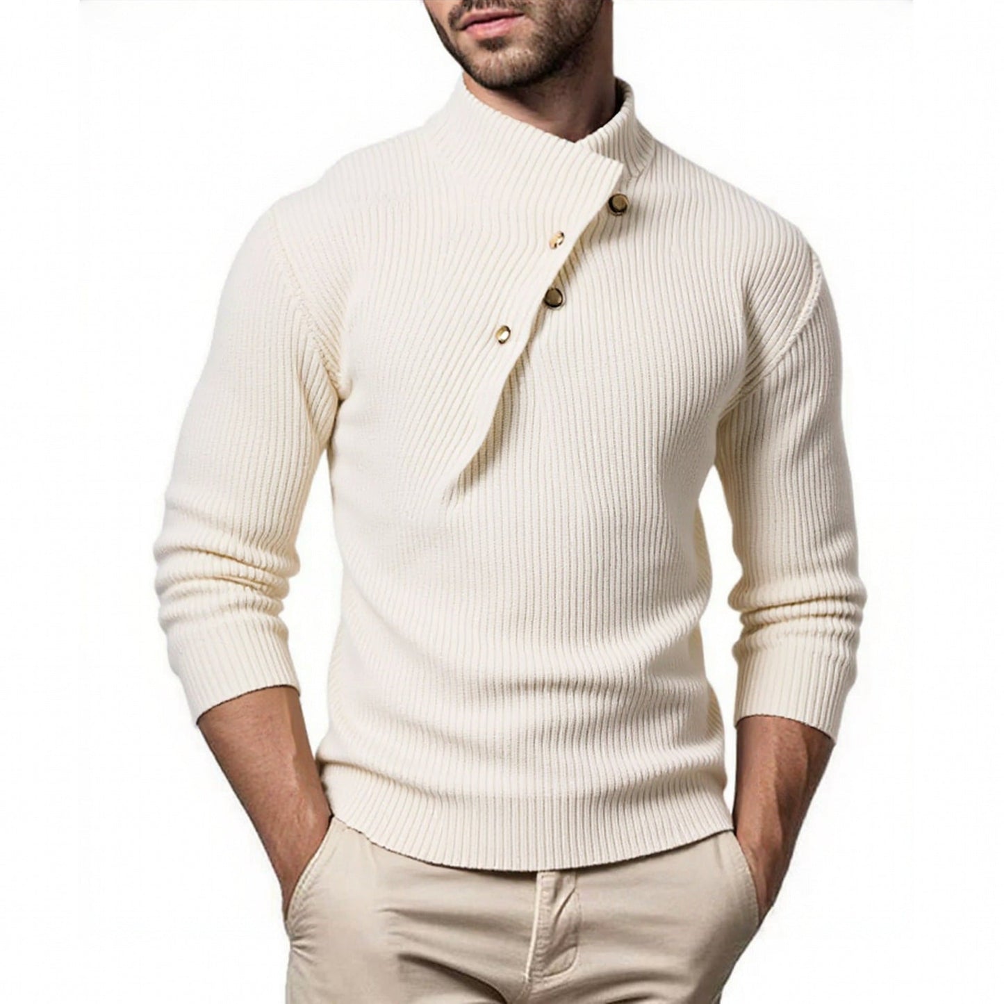 Mens Knit Sweater With Stand Collar And Asymmetric Button Placket Street-wave For Fashionable Men