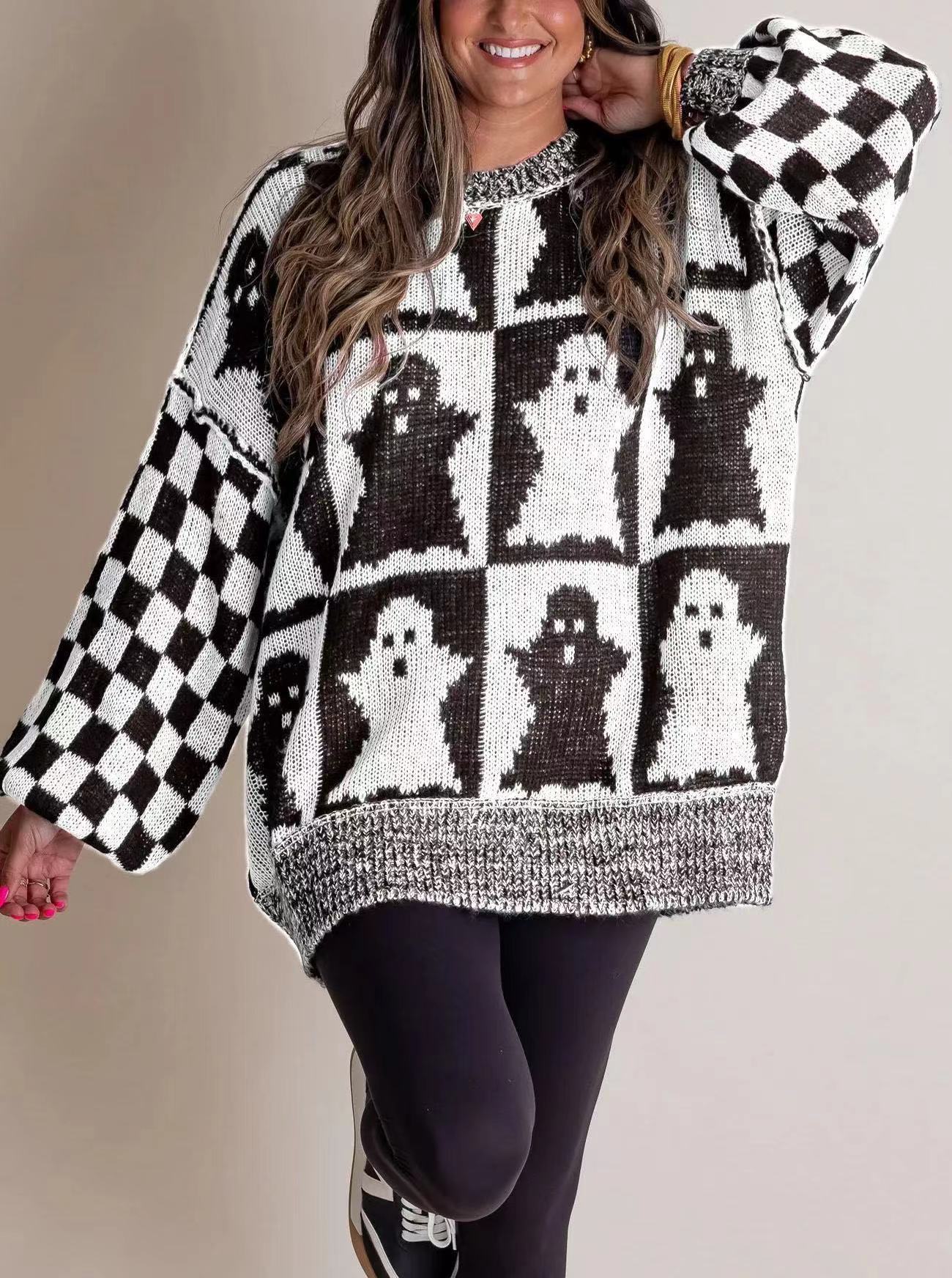 Street Wave Cozy Oversized Halloween Ghost Knit Sweater For Women With Soft Cotton Comfort