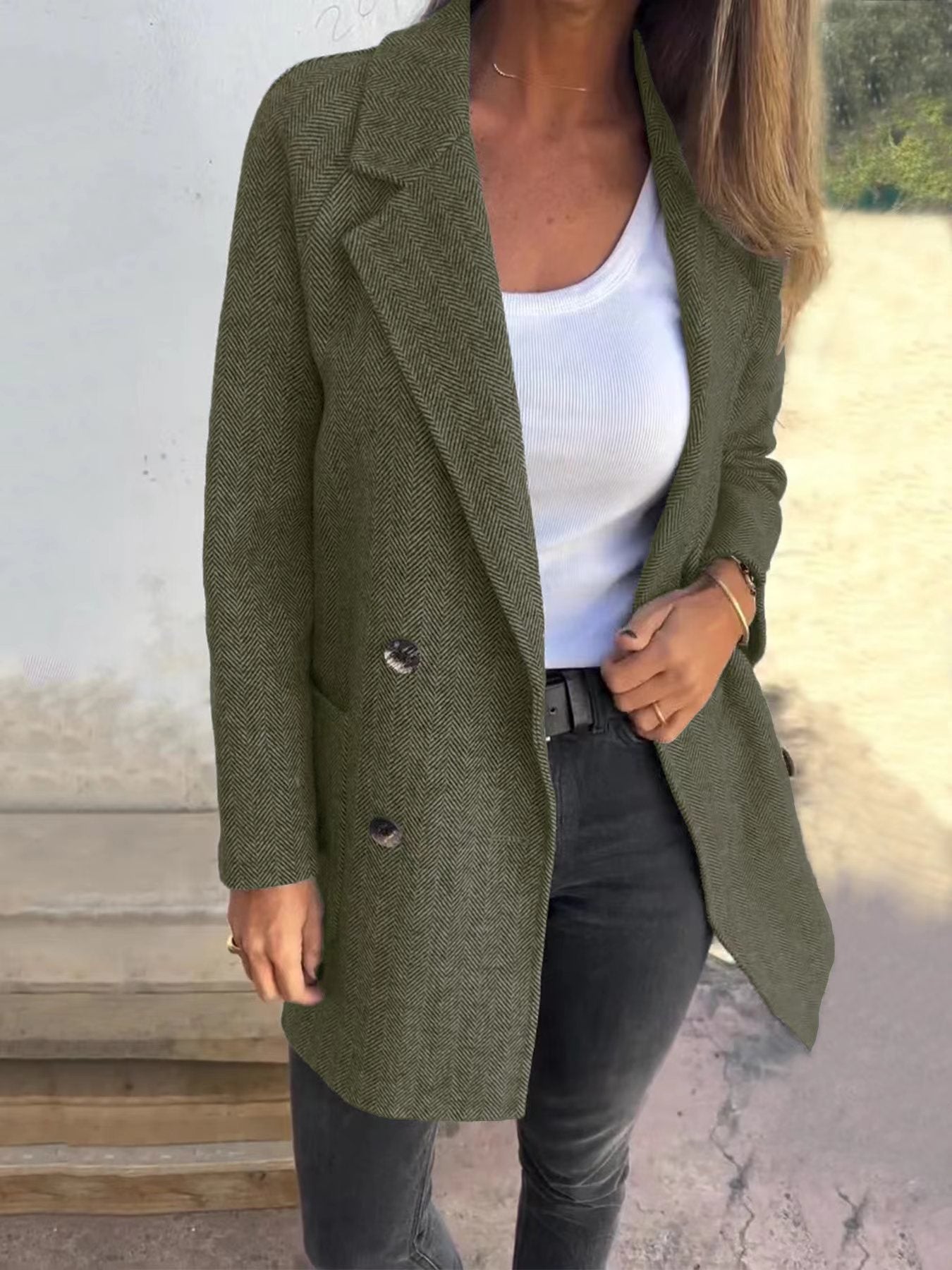 Street-wave Wool Blend Coat For Women With Tailored Fit Double Breasted Herringbone