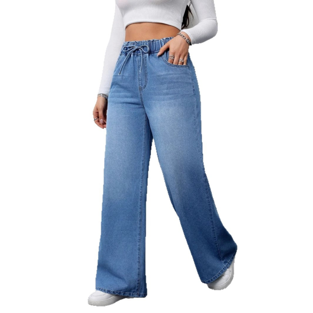 Street-Wave Women High-Waisted Wide-Leg Jeans With Elastic Drawstring Waist Flattering Comfort