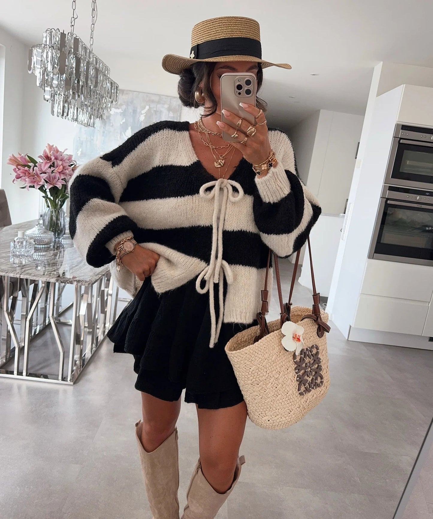 Streetwave Womens Striped Knit Cardigan With Loose Fit And Tie Belt For Everyday Style