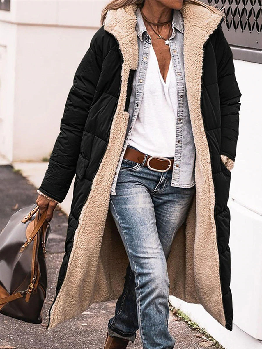 Street-wave Women Long Puffer Jacket With Cozy Fleece Lining Hooded Insulated Comfort Winter Coat