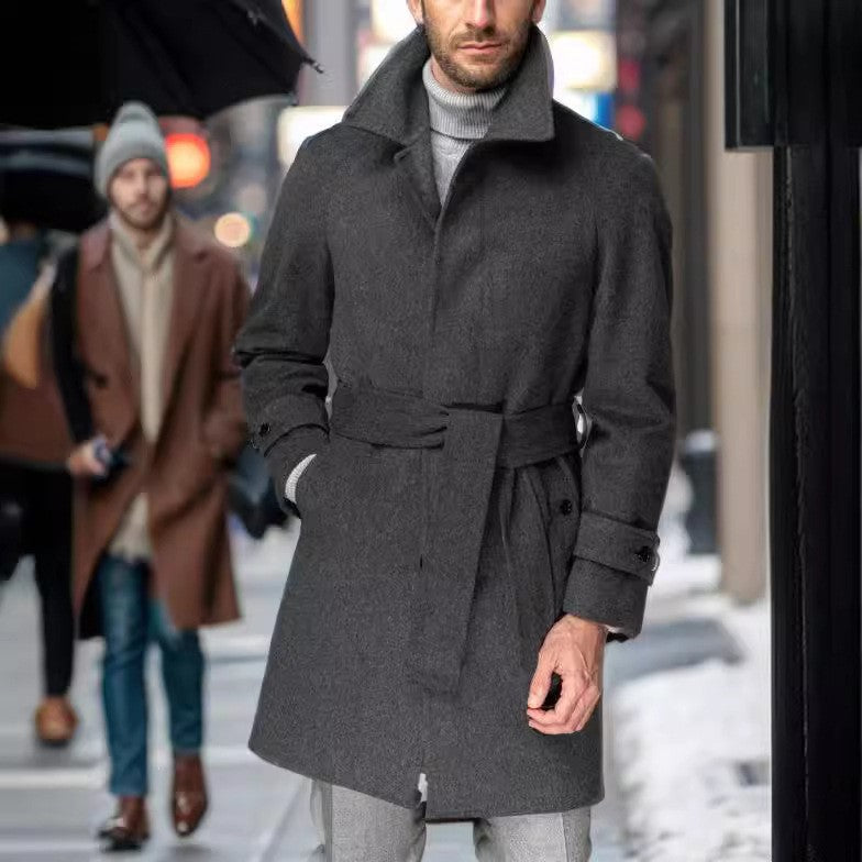 Men's Belted Wool Coat With Classic Lapel Street-Wave Luxury Winter Outerwear For Him