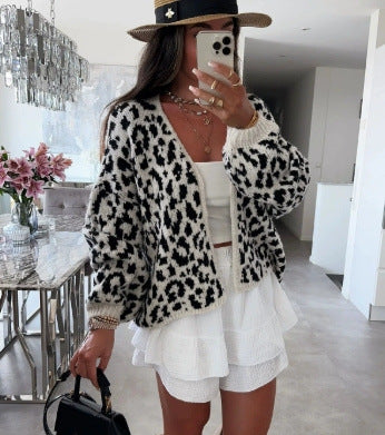 Leopard Print Cardigan For Women Street-Wave Cozy Knit Relaxed Fit Statement Style