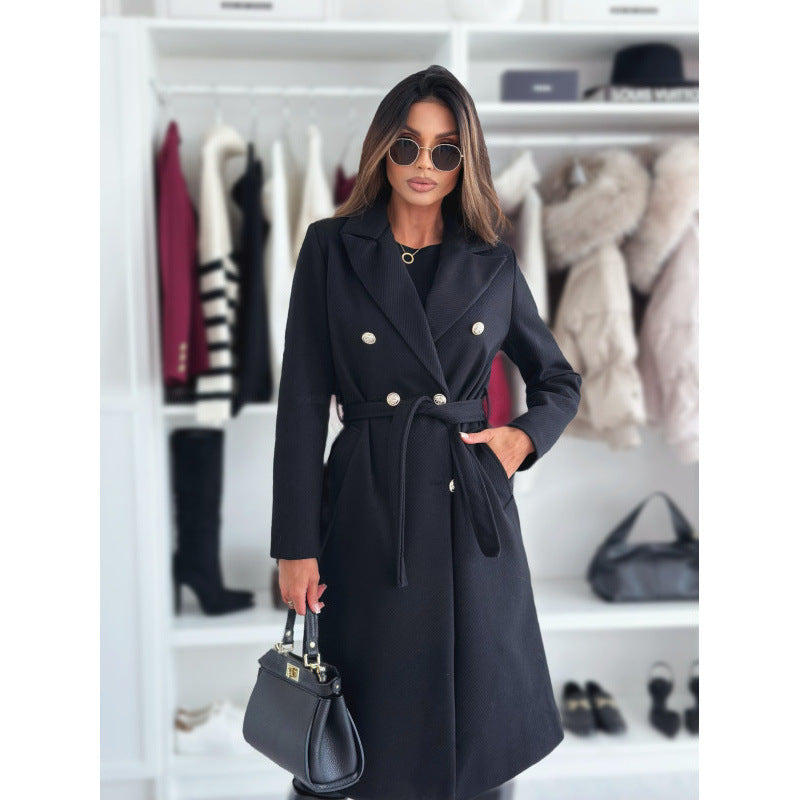 Street-wave Women's Double Breasted Belt Coat With Warmth And Sophisticated Style Outerwear