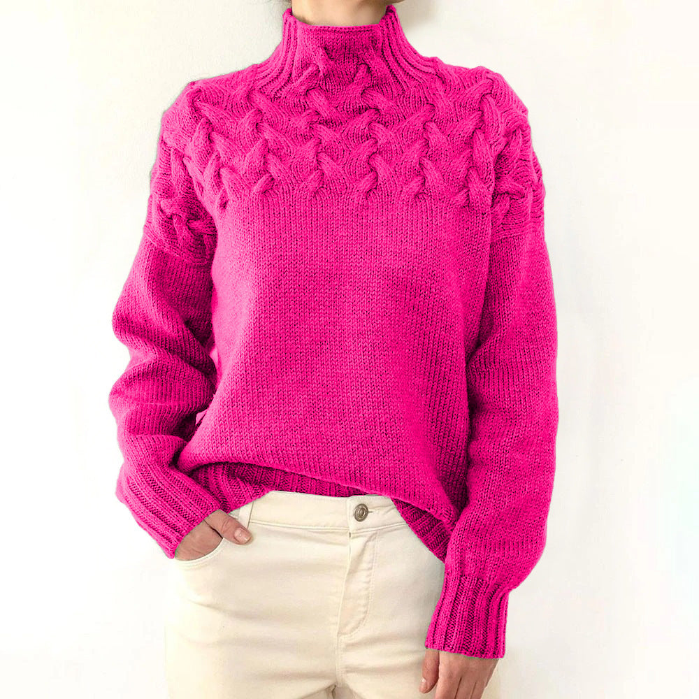 Street-wave Women's Cable Knit Sweater With High Neck, Cozy Warmth And Trendy Design