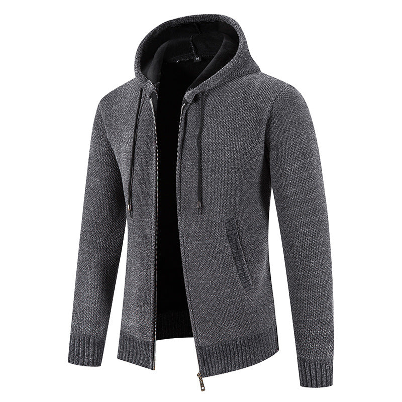 Street-wave Men's Hooded Knit Cardigan With Textured Design Zip Front Cozy Breathable