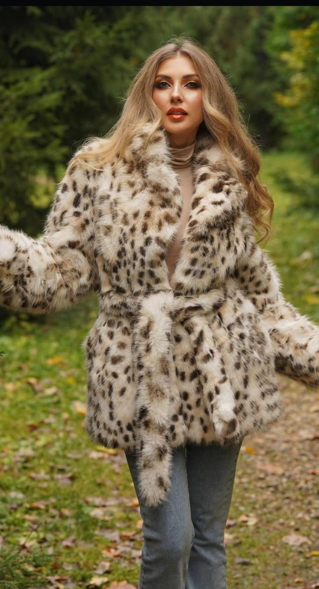 Streetwave Leopard Print Faux Fur Coat With Belt For Women Elegant Luxe Outerwear