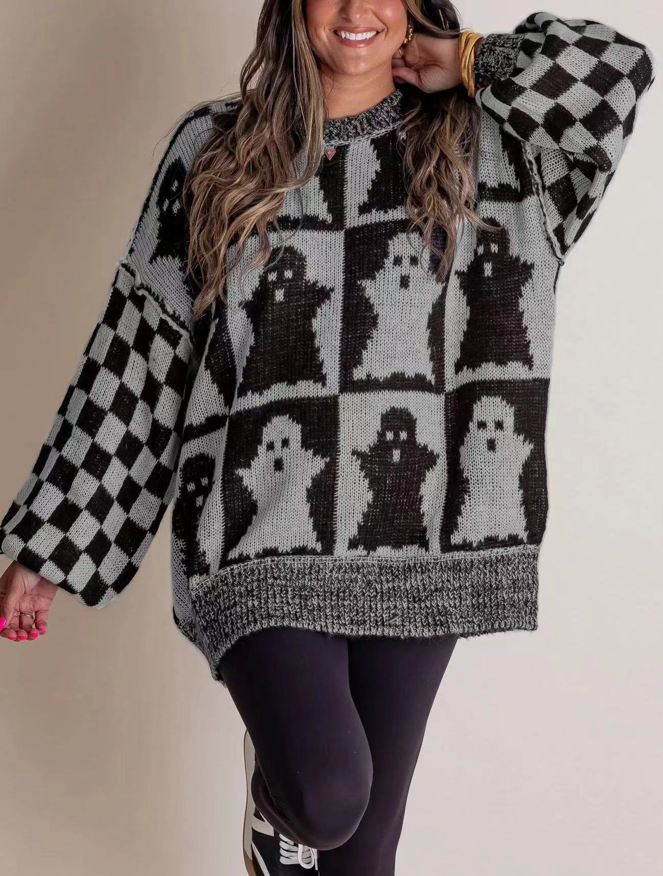 Street Wave Cozy Oversized Halloween Ghost Knit Sweater For Women With Soft Cotton Comfort