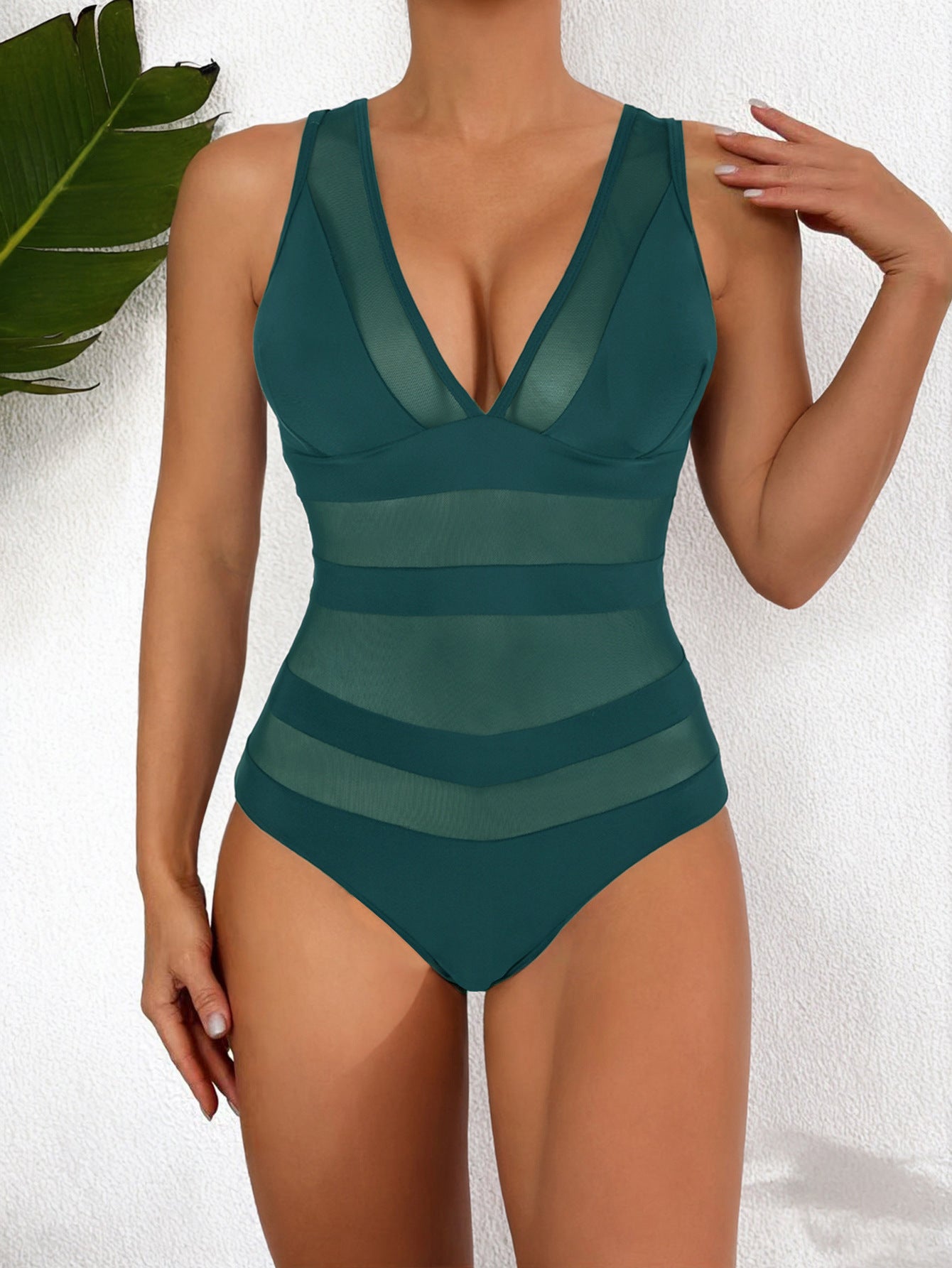 Nordisk-Flair Women One Piece Swimsuit Deep V Neck Mesh Panel High Cut
