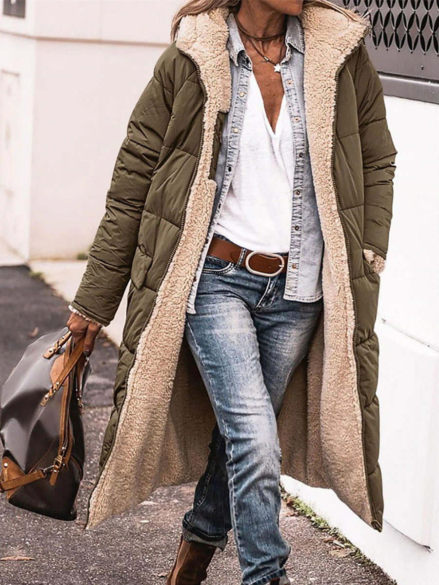 Street-wave Women Long Puffer Jacket With Cozy Fleece Lining Hooded Insulated Comfort Winter Coat
