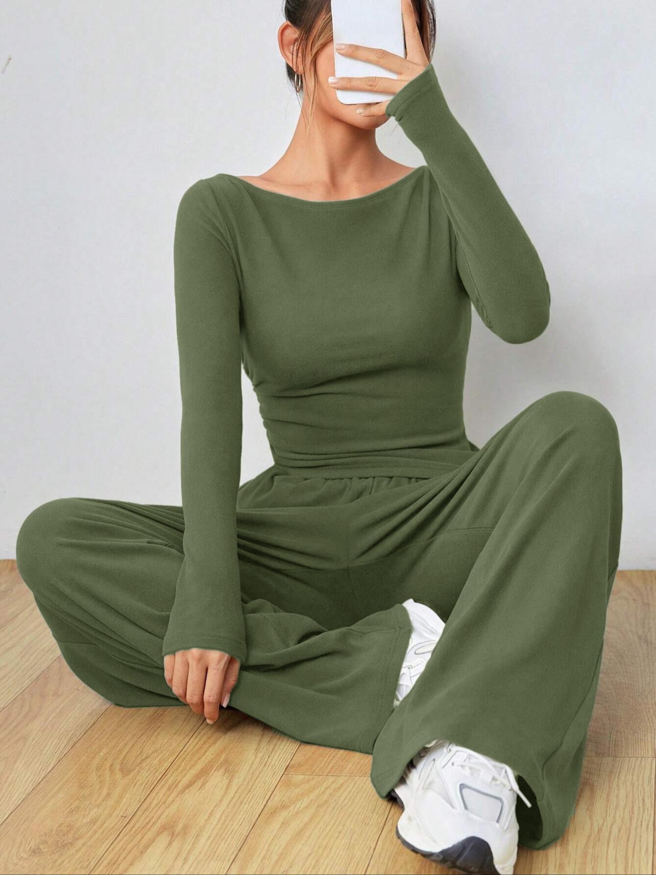 Streetwave Olive Green Women Lounge Set Ultra Cozy Long Sleeve Top Wide Leg Pants For Stylish Comfort