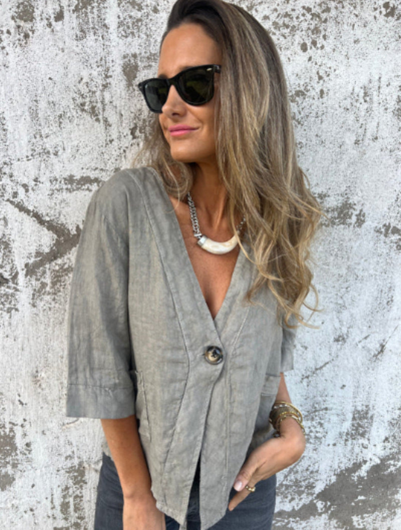 Street-Wave Light Linen Blazer For Women With Short Sleeves Breathable And Versatile Office To Weekend