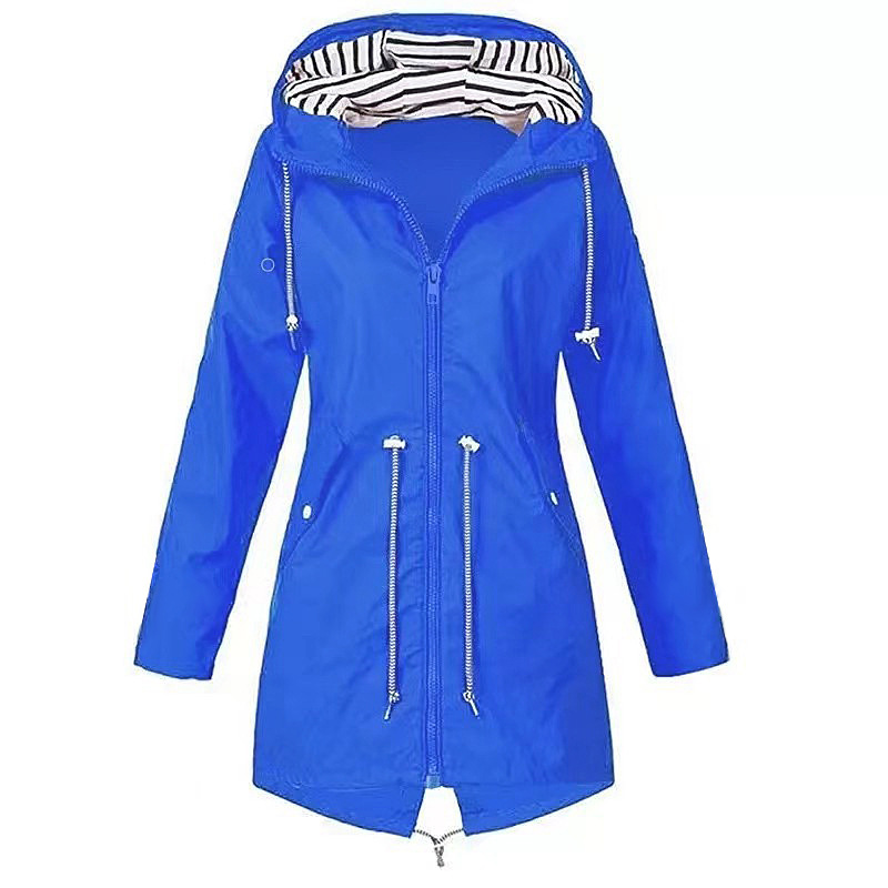 Street-wave Windproof Hooded Rain Jacket for Urban Commute With Tailored Fit and Striped Hood Lining