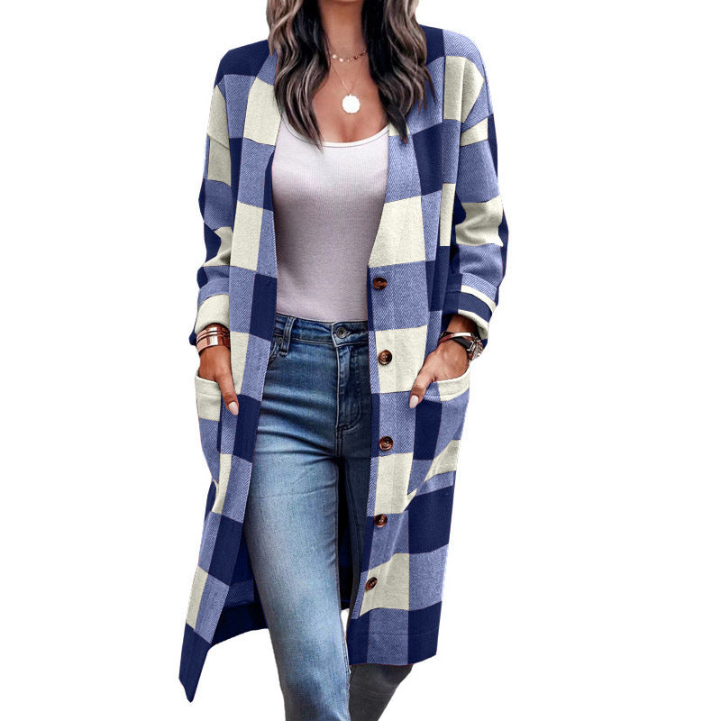 Street Wave Longline Plaid Cardigan With Pockets For Women Breathable Cozy Everyday Wear