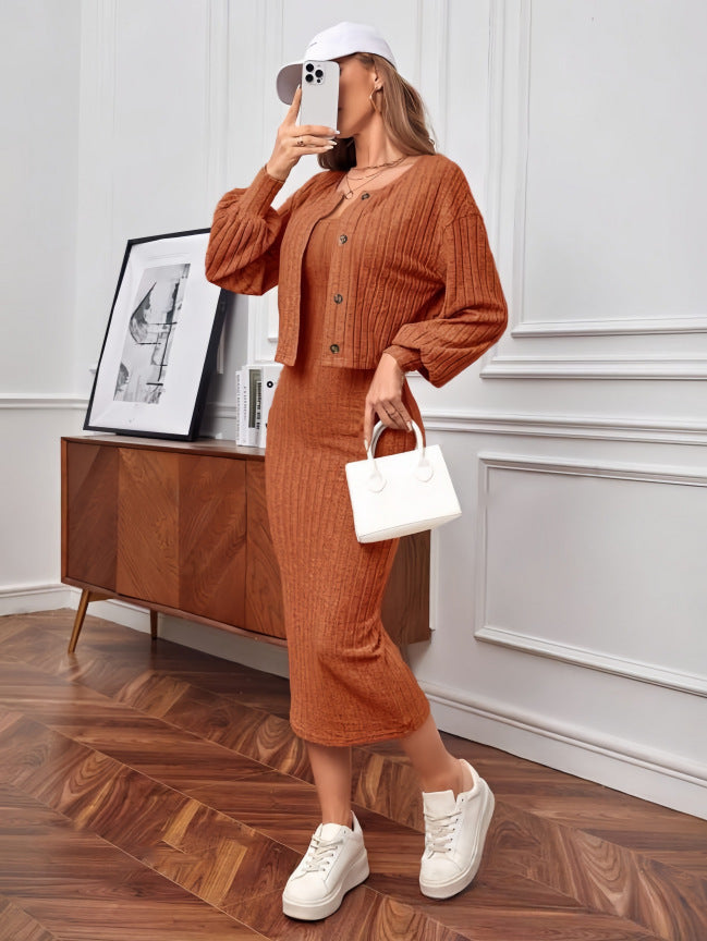 Streetwave Women Knit Set Button Front Cardigan With Oversized Sleeves Maxi Skirt Chic