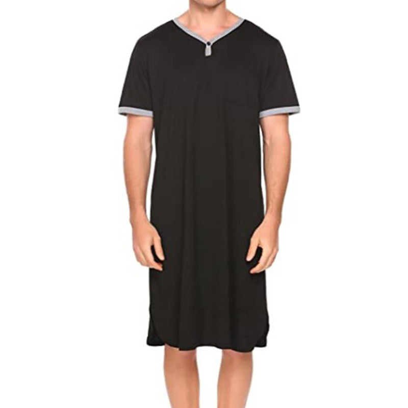 Street Wave Mens Nightshirt V Neck With Chest Pocket Breathable Sleepwear For Men