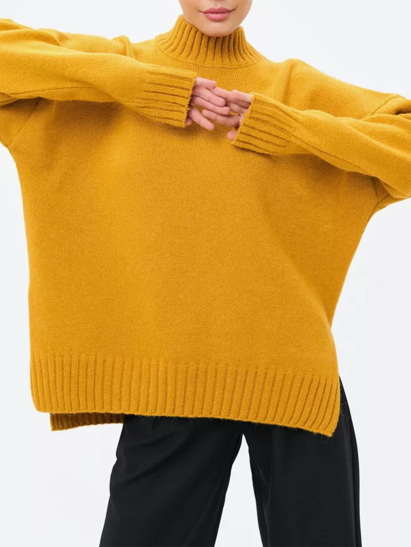 Street Wave Oversized Ribbed Knit Pullover For Women With Effortless Dropped Shoulders And Semi High Neck