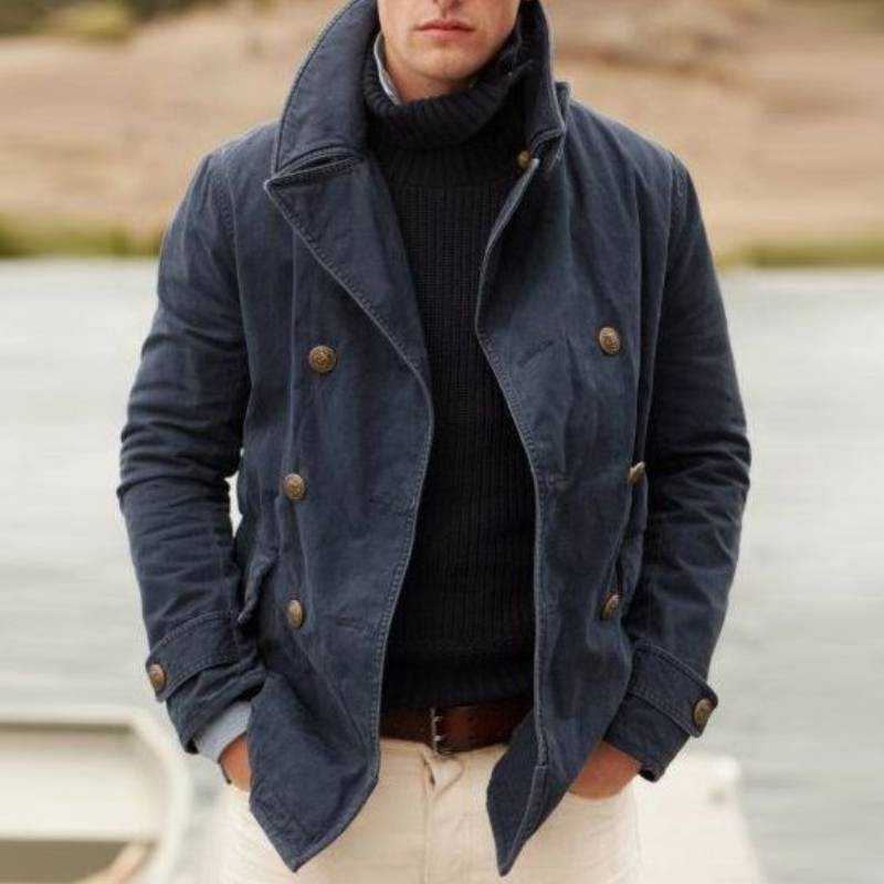 Street-wave Windproof Fisher Jacket For Men With Double Button Placket And High Collar