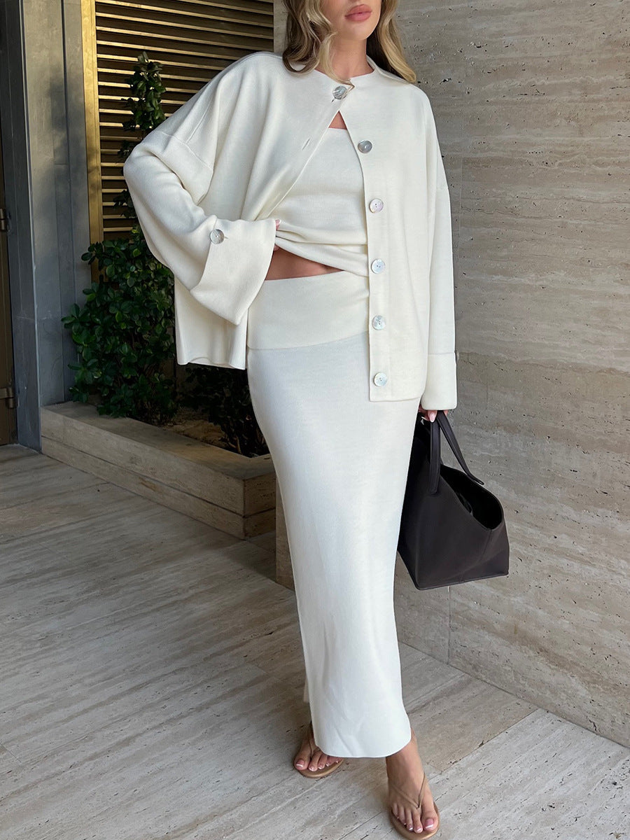 Street-wave Cozy Knit Three-Piece Set For Women, Long-Sleeve Cardigan Top Skirt Casual Wear