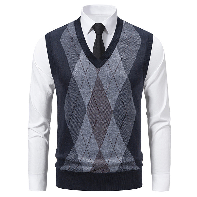 Street-wave Mens V Neck Argyle Sweater Cotton Knit For Smart Casual And Formal Wear