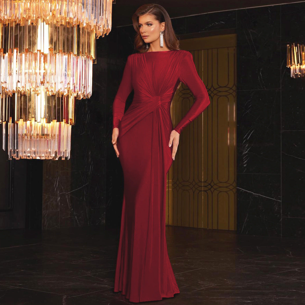 Street Wave Elegant Long Sleeve Ruched Maxi Dress For Special Occasions Flattering Silhouette