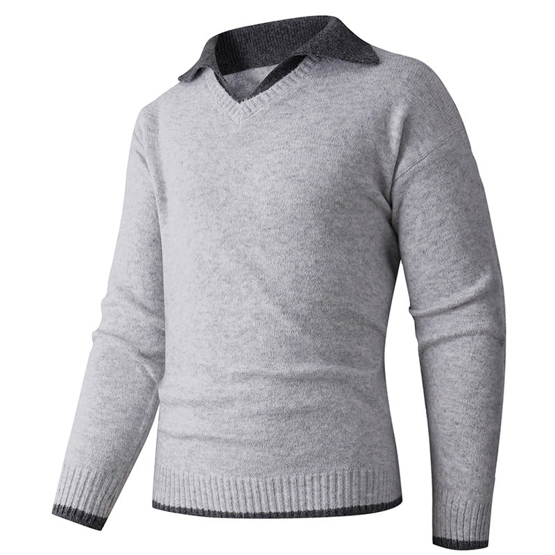 Street-Wave Men V-Neck Sweater With Shirt Collar And Fine Knit Texture Versatile Office Or Casual